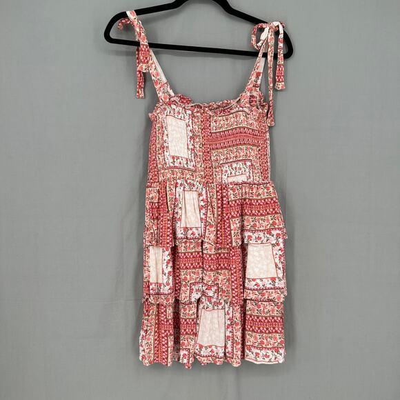 American Eagle Dress Womens Small Pink Floral Mini Patchwork Cottage Boho Tiered - Picture 3 of 6